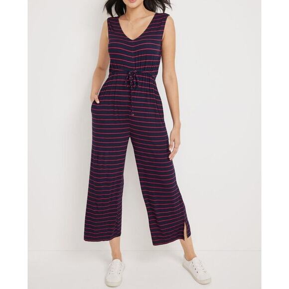 Maurices 24/7 Striped Navy Blue/Red Wide Leg Cropped Jumpsuit Size Small - Picture 1 of 7